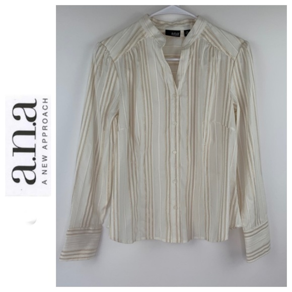 a.n.a Button Down Blouse Gold and Cream Petite M - Picture 1 of 6